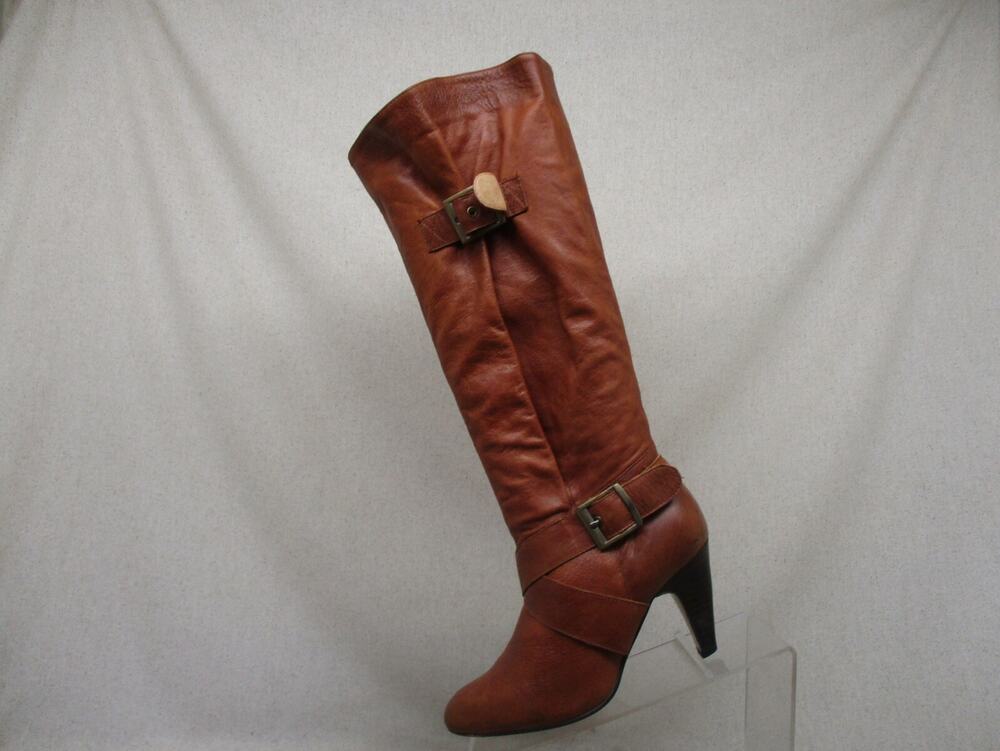 Tony Bianco Brown Leather Slip On Buckle Fashion Knee High Boots Womens Size 7